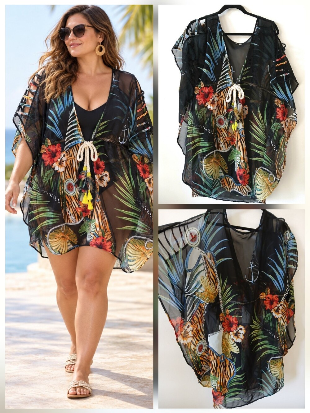 Black Tropical Sheer Chiffon Kimono Beach Cruise Cover Up Tassel Women's Size L